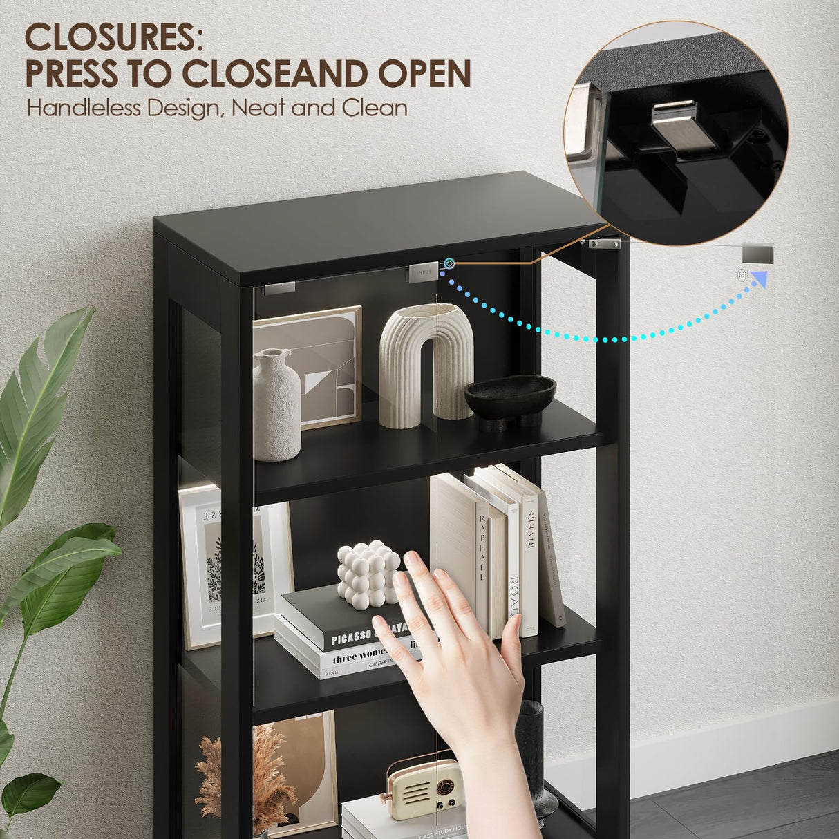 Airynee Display Cabinet with Glass Doors 3-Tier, 7 Vibrant Colors 3 Dynamic Lighting Modes HD Glass Storage Cabinet with Human Body Sensor(Black) Airynee