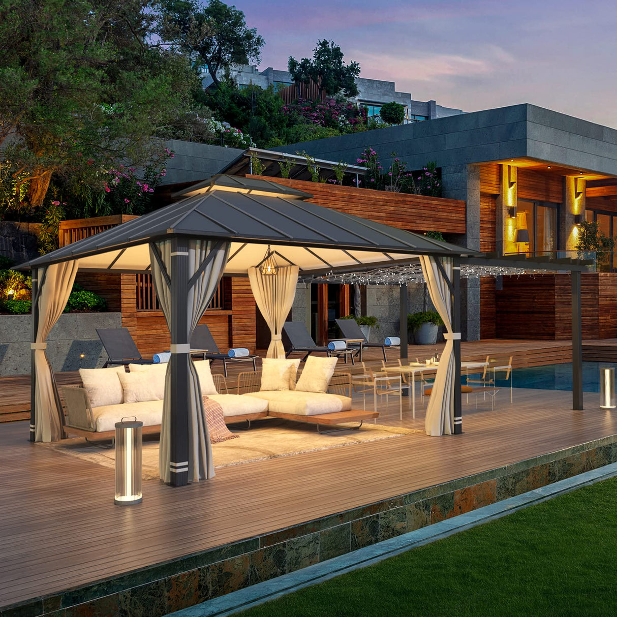 EROMMY 12'x14' Permanent Hardtop Gazebo with 12'x10' Outdoor Pergola, Metal Steel Canopy with Aluminum Composite Roof for Patio Lawn and Garden, Curtains and Netting are Included, Grey EROMMY