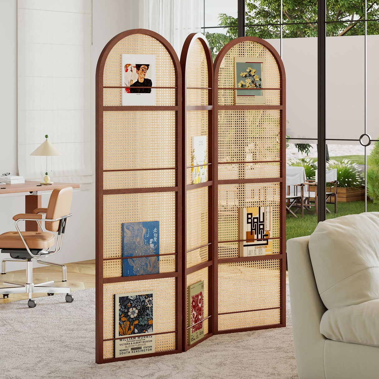 Rattan Room Divider with Bookshelf,Foldable Privacy Screen Partition,Wooden Frame,Natural Portable for Living Room,Bedroom Home,Office Reading Nook (Walnut, 3 Panels) Svimi