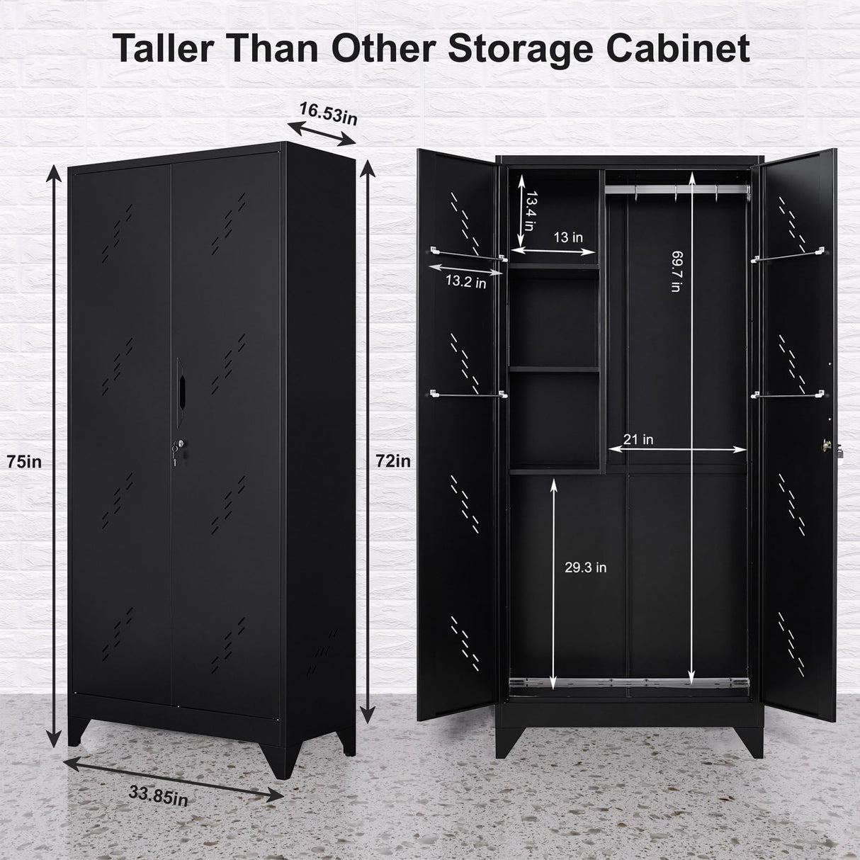 75" Taller Metal Garage Storage Cabinet,Tool Chest, Large Offiice Storage Cabinet wiith Lock Doors, Stainless Steel Bottom Plate with Holes,Utility Room Organization(H75* D16.53*L33.85)(BLACK) ZONLESON
