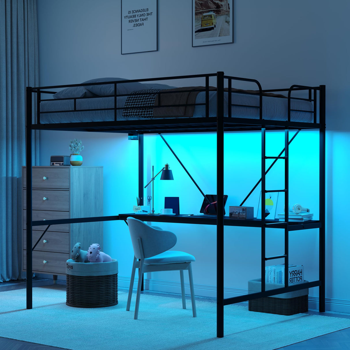 VINGLI Twin Size Metal Loft Bunk Bed Frame for Kids Teens Adults with Desk Underneath,2 Charging Station,LED Lights,Safety Guardrail and Stair,No Box Spring Needed,Black VINGLI