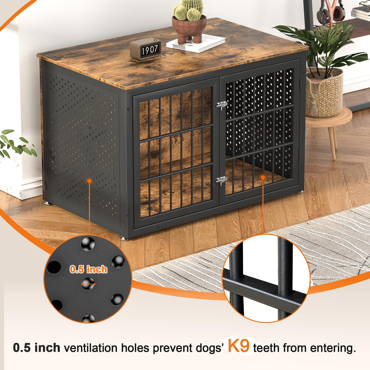 rehomerance Rustic Heavy Duty Dog Crate Furniture for Extra Large Dogs, 48" Indestructible Metal Kennel for High Anxiety Dogs, Wooden Cage Kennel Furniture Indoor, Decorative Dog Kennel End Table, XL rehomerance