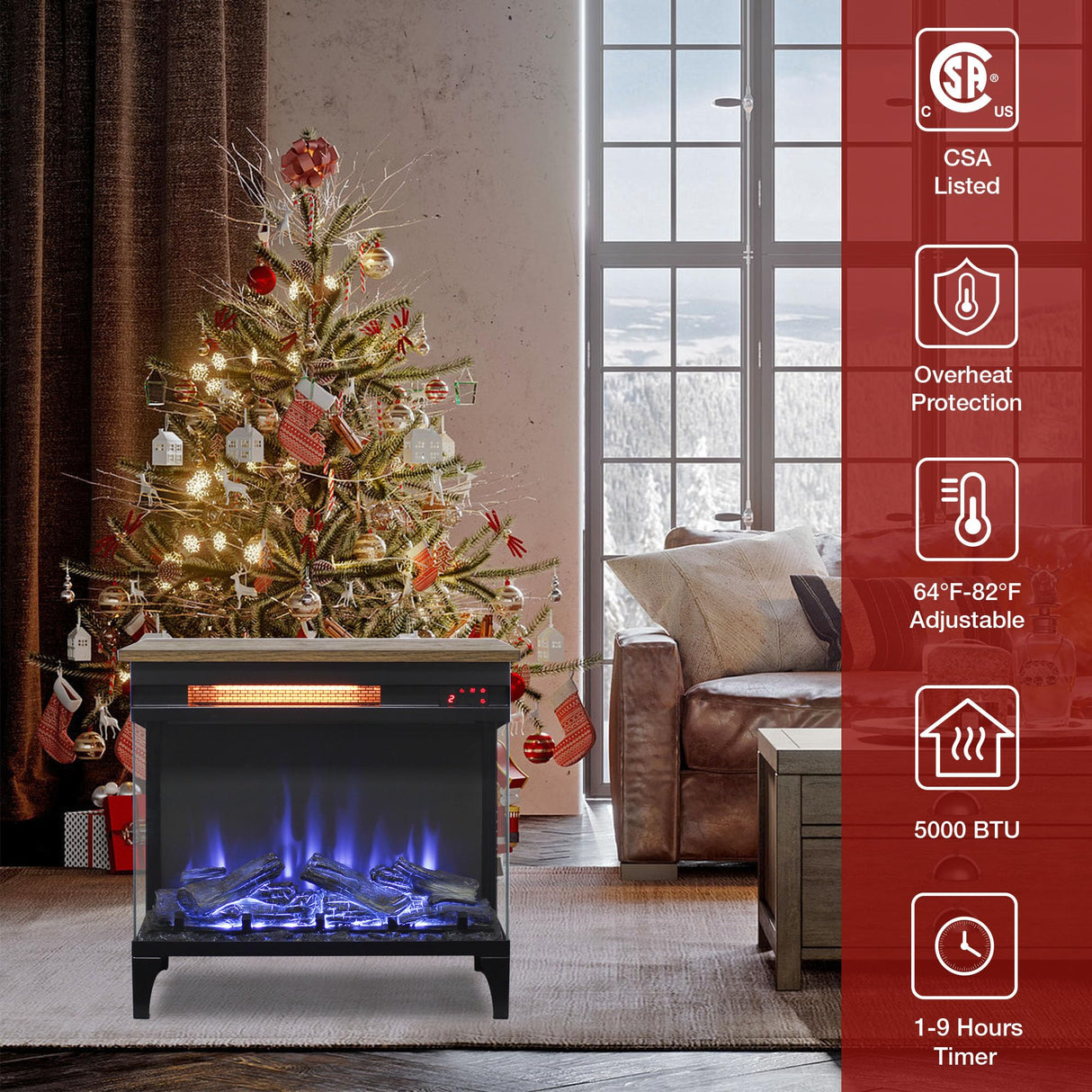 Innoflame 24" Electric Fireplace Heater, 3-Sided Glass & Wooden Top Design, Adjustable 4 Flame Colors, Remote, Timer, 1500W Infrared Heater w/Overheat Protection, Fireplace Heaters for Indoor use Innoflame