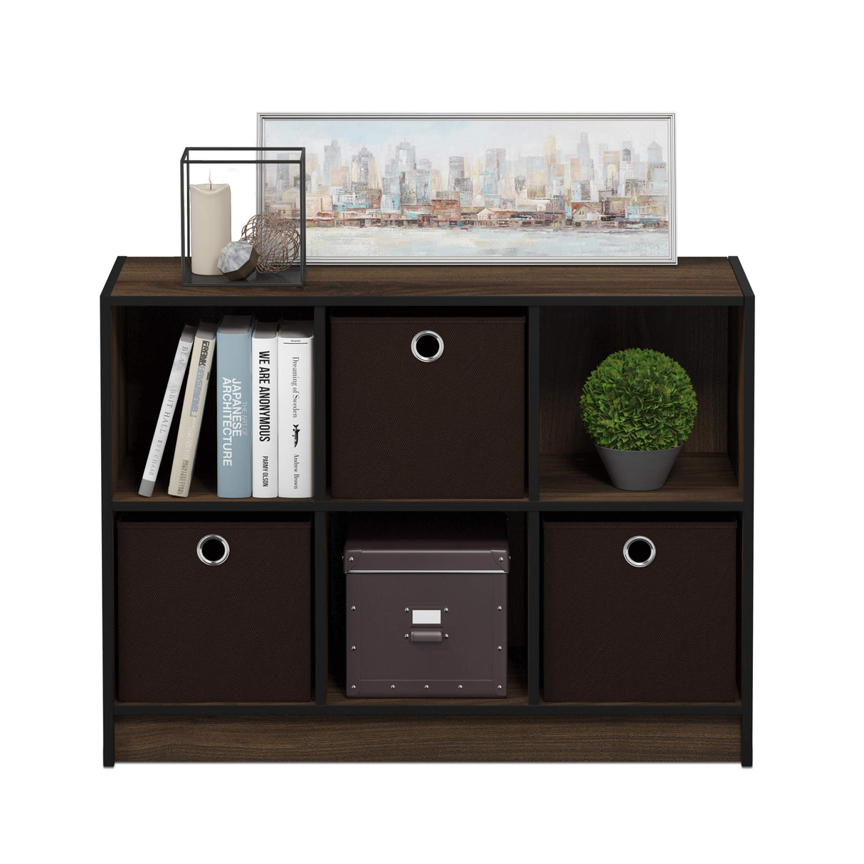 Furinno Basic 3x2 Cube Storage Bookcase Organizer with Bins, Columbia Walnut/Dark Brown Furinno