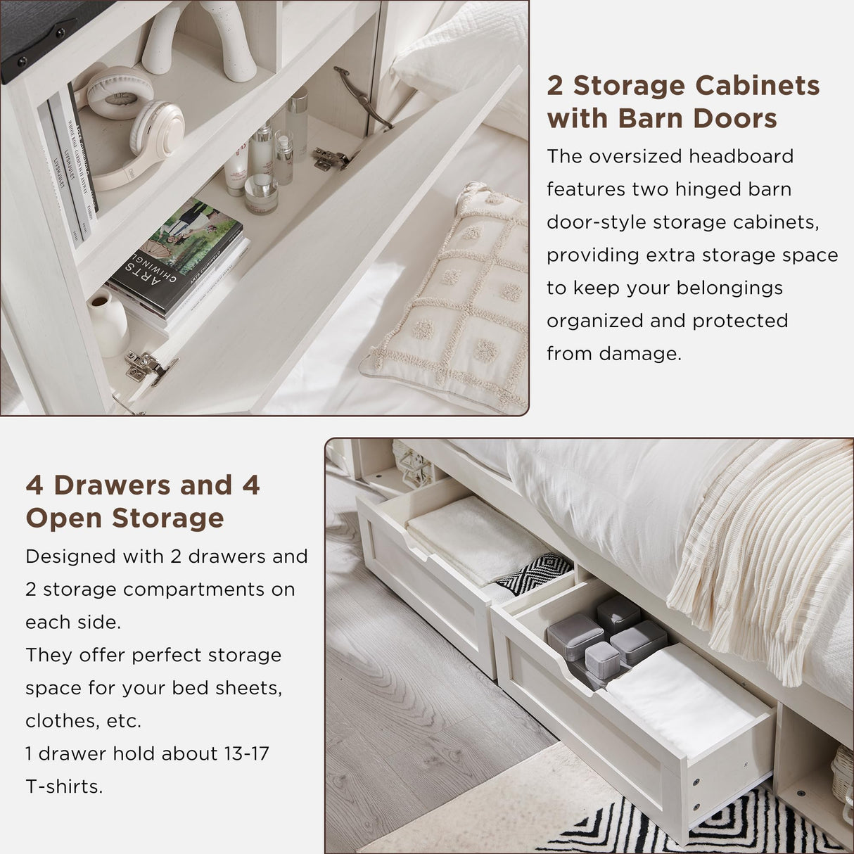 ACCOHOHO Luxury White King Size Farmhouse Wood Bed Frame with 52" Storage Headboard, LED Light, Charging Station & 4 Drawers ACCOHOHO