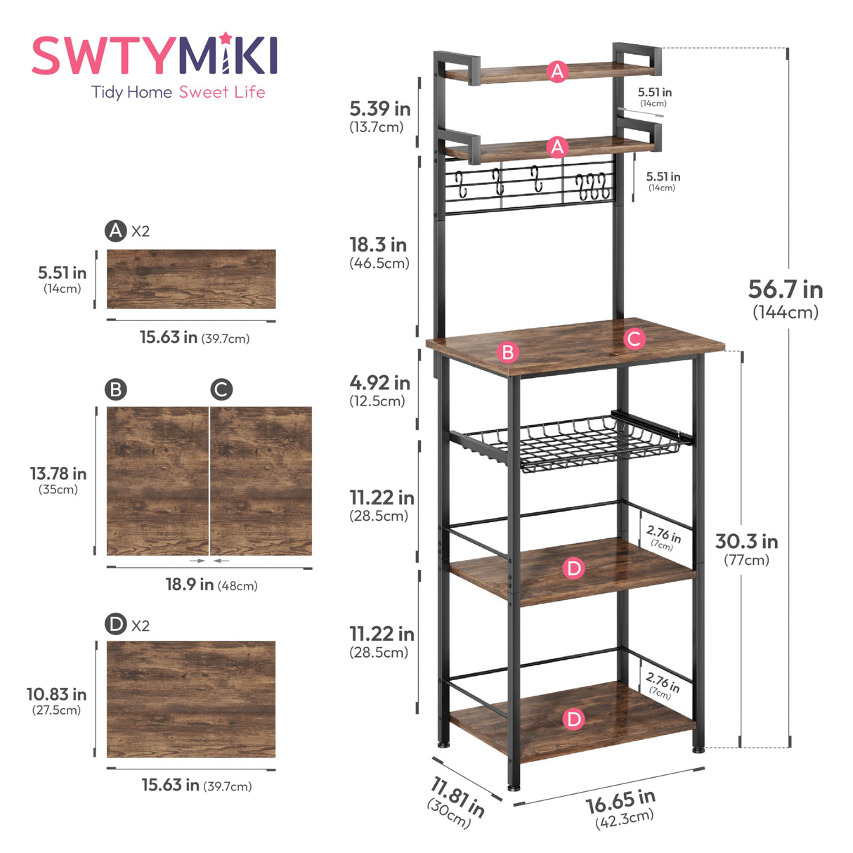 SWTYMIKI 6-Tier Coffee Bar Station - Bakers Rack with Drawer & 6 S-Shaped Hooks, Corner Coffee Stand Station, Coffee Bar Cabinet for Kitchen Entryway Living Room,11.81" Dx18.9 Wx56.7 H, Rustic Brown SWTYMIKI