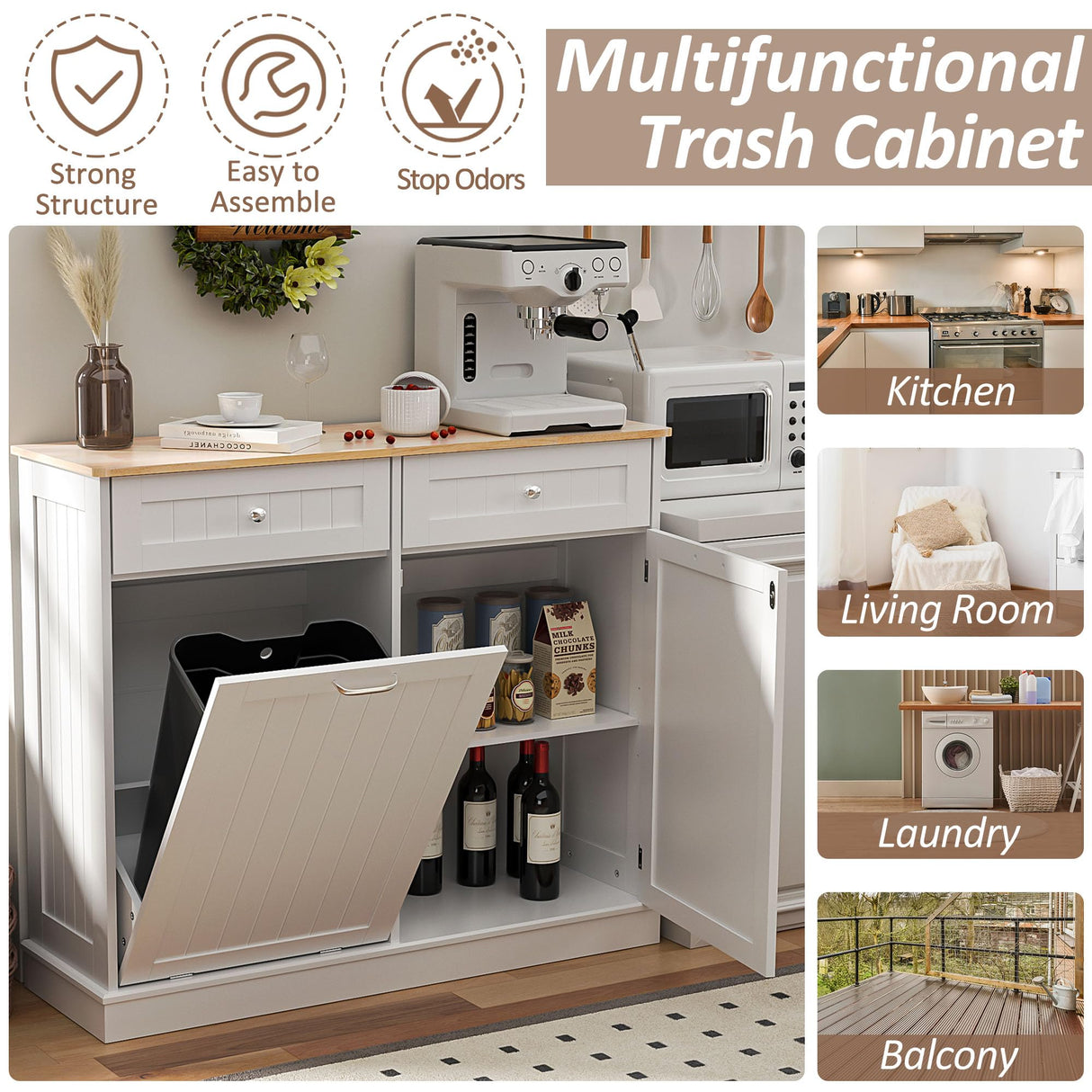 AHB 13 Gallons Tilt Out Trash Cabinet Kitchen Trash Bin Cabinet Free Standing Recycling Trash Can Cabinet with Hideaway Drawers Pet Proof Trash Can Holder for Kitchen Living Room, White AHB