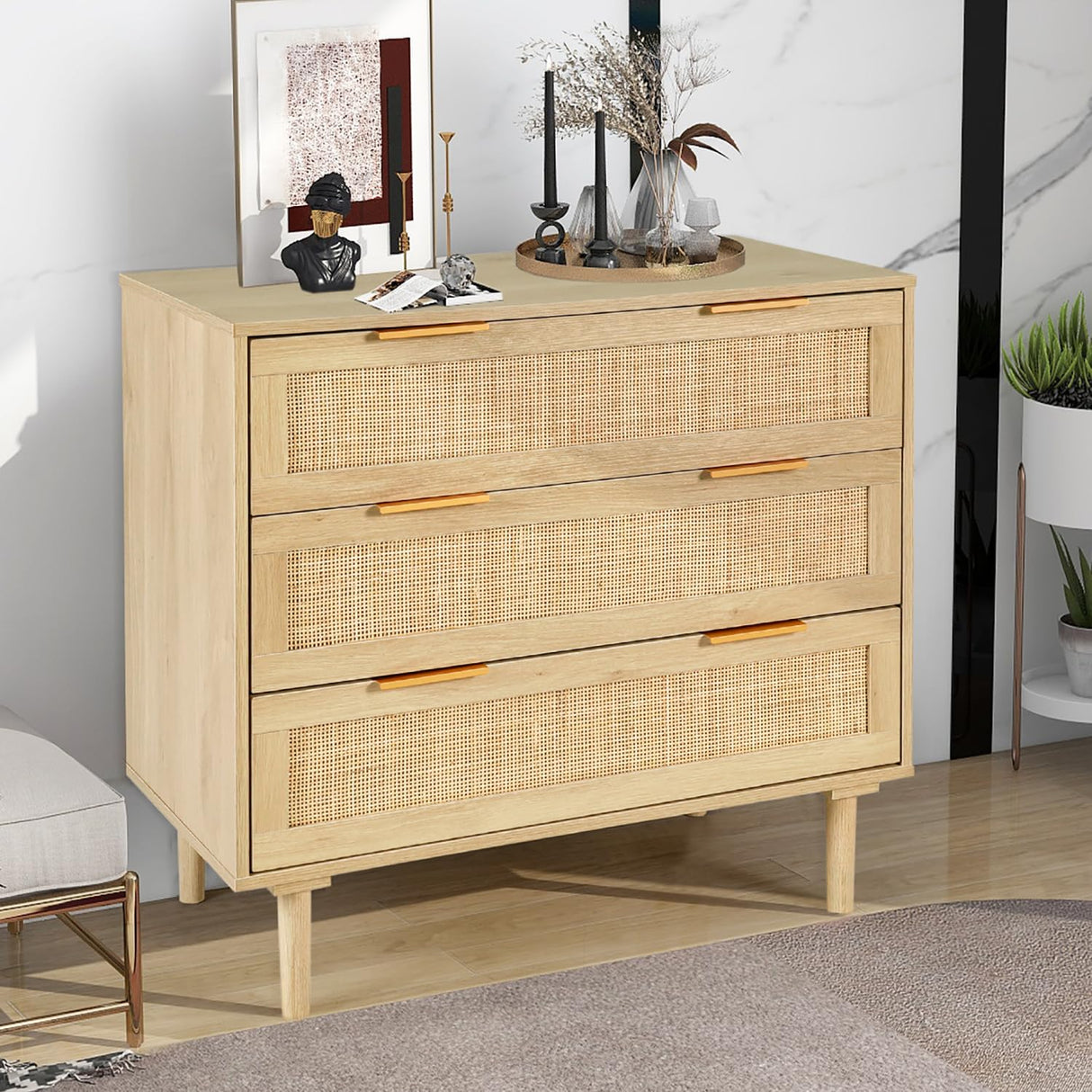 HOPUBUY 3 Drawer Dresser for Bedroom, Oak Rattan Dresser Closet Dressers Chest of Drawers, Light Wood Dresser 3 Drawer Storage Chest for Bedroom, Hallway, Living Room HOPUBUY