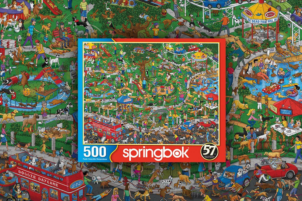 Springbok - The Dog Park - 500 Piece Jigsaw Puzzle- Cartoon Illustration of Dog Park by Steven Skelton Springbok