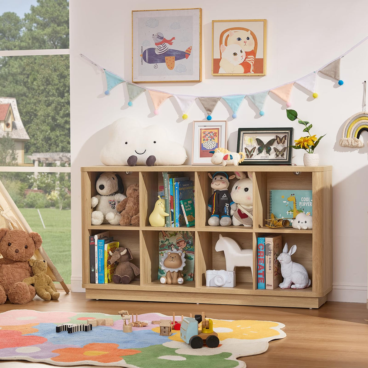 Joaxswe 8 Cube Storage Book Shelf, 52" Long Horizontal Bookshelf with Curved Edge, Floor Standing Wooden Cubby Bookcase with Base, Modern Low Console Book Case, TV Stand for Living Room, Natural Oak Joaxswe