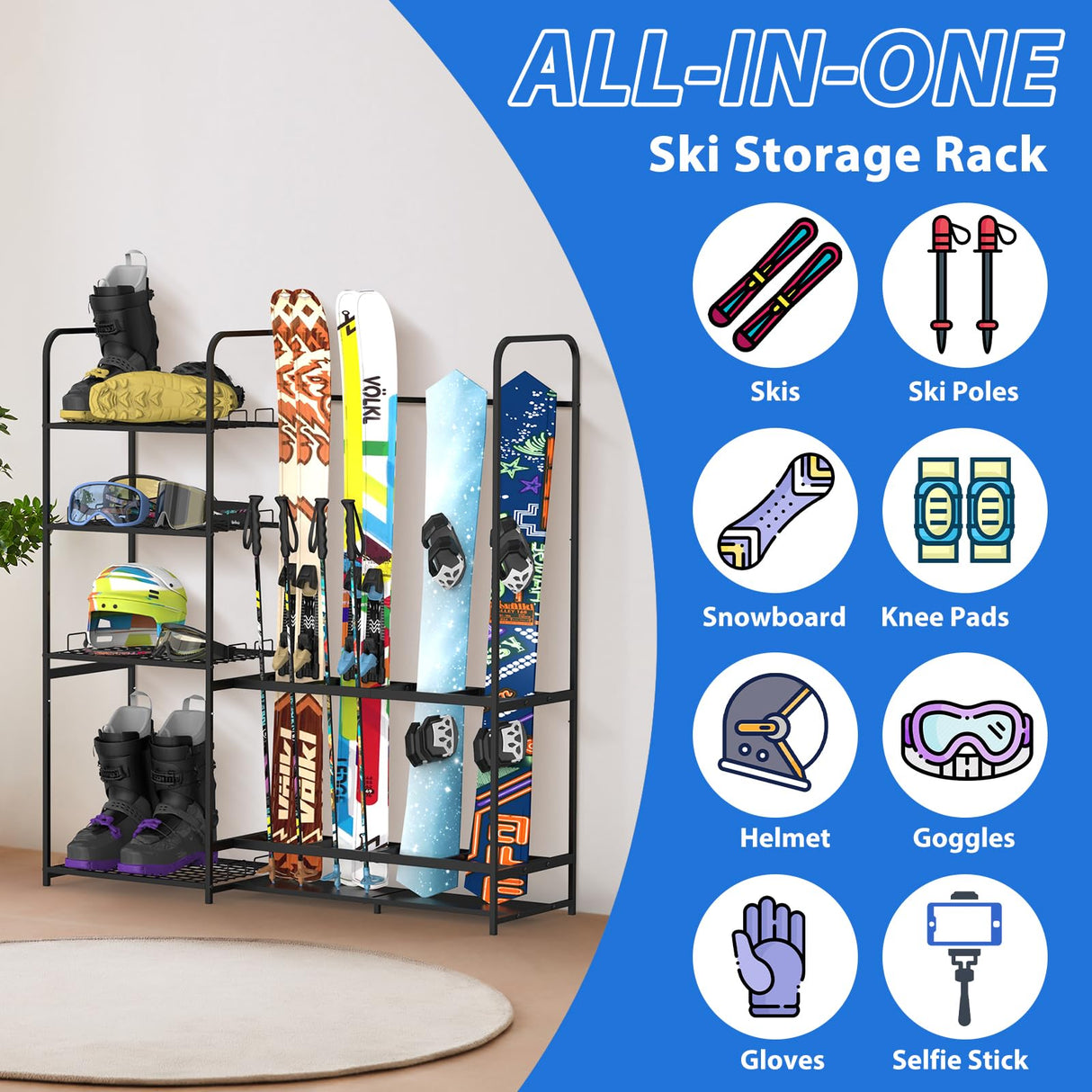 Freestanding Ski Rack for Garage - Stores 4 Pairs of Skis, Adjustable Ski Boot Holder, Organizes Skis, Boots, Poles, Goggles, Helmets & Gear, Ideal for Garage, Shed, Basement, Ski Enthusiasts KANEODOT