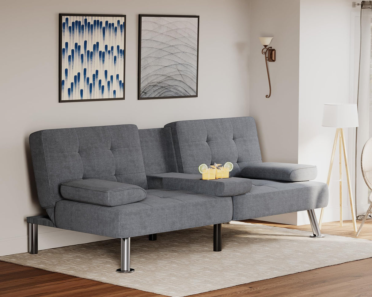 Flamaker Futon Sofa Bed Modern Folding Futon Set Linen Fabric Convertible Recliner Lounge for Living Room with 2 Cup Holders, Removable Armrests (Fabric, Grey) Flamaker