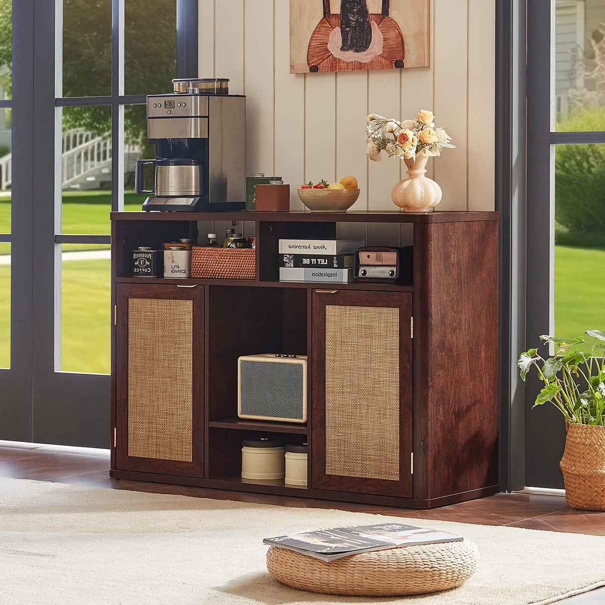 Lerliuo Rattan Wine Cabinet with 2 Doors, Boho Liquor Cabinet with Wine Racks, Farmhouse Coffee Bar Station for Living Room, Dining Room, Kitchen, Walnut Lerliuo