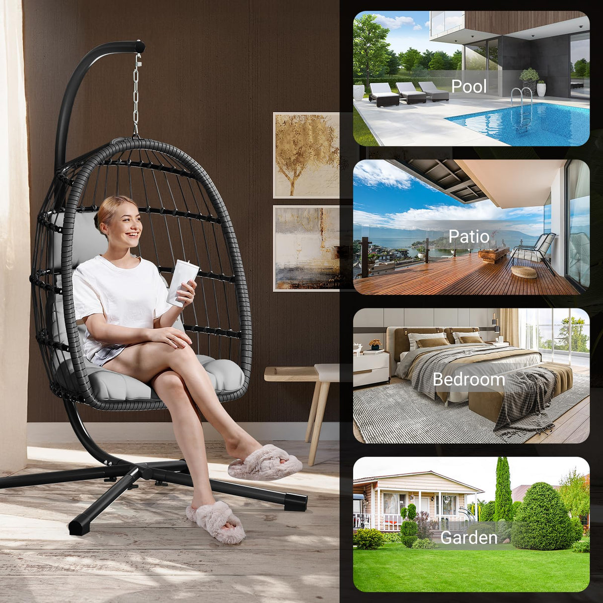 LEVELEVE Egg Chair with Stand,Patio Rattan Wicker Hanging Swing Egg Chair Hammock Chair for Bedroom Porch Garden,Thickened Aluminum Alloy Steel Frame and UV Resistant Cushion,350LBS Capacity LEVELEVE