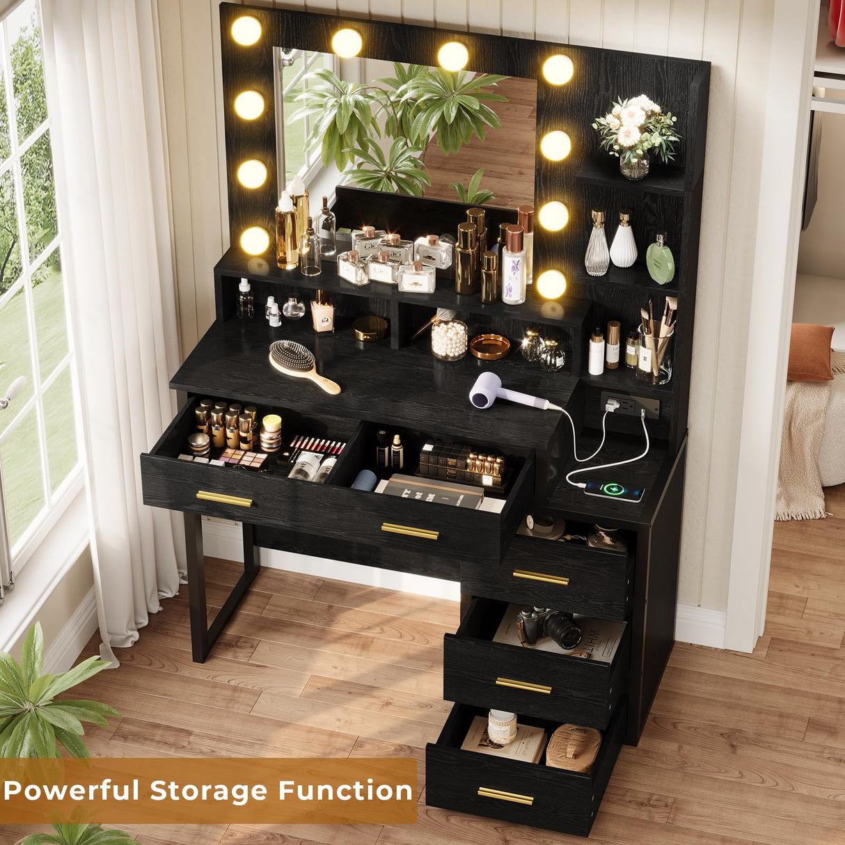 Tiptiper Makeup Vanity with Lights, Black Vanity Desk with Mirror & 3 Lighting Modes, Vanity Table with USB Ports and Outlets, Makeup Table with Nightstand & Storage Shelves & Drawers (Modern Black) Tiptiper