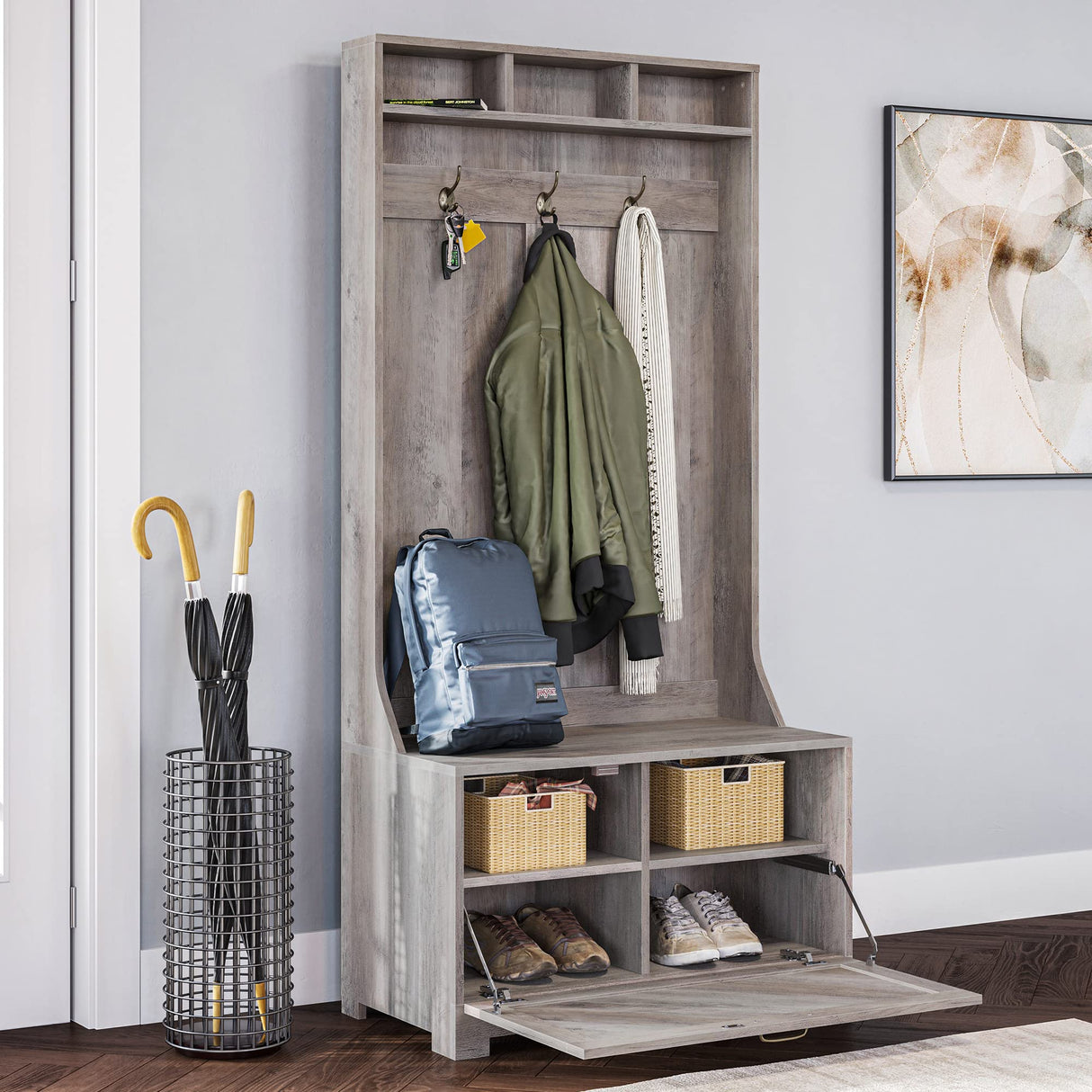 BELLEZE Entryway Hall Tree, Coat Rack, Storage Bench, 3-in-1 Design, Freestanding Shoe Rack - Hilo (Gray Wash) BELLEZE