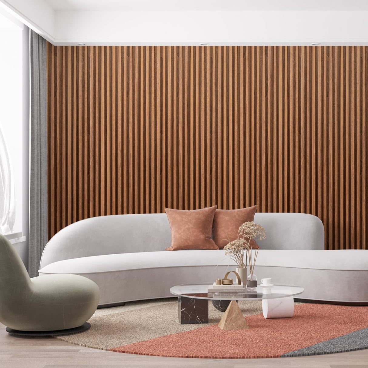 Art3dwallpanels 8 Pack Wood Slat Wall Paneling, 104'' x 6.7'' WPC Soundproof 3D Wall Panels for Interior Wall Decor, Fluted Textured Panel Wall Slats, Teak Art3dwallpanels