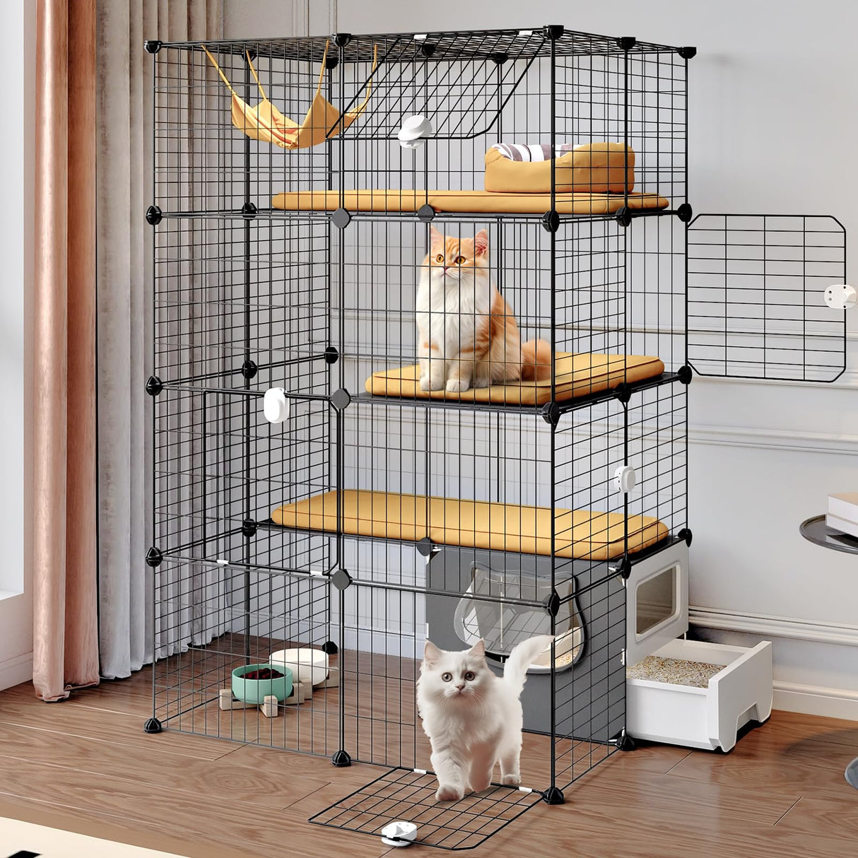 Oneluck Cat Cage with Litter Box,4-Tier DIY Cat Enclosures Detachable Metal Wire Kennel Indoor Crate Large Exercise Place Ideal for 1-2 Cats Oneluck