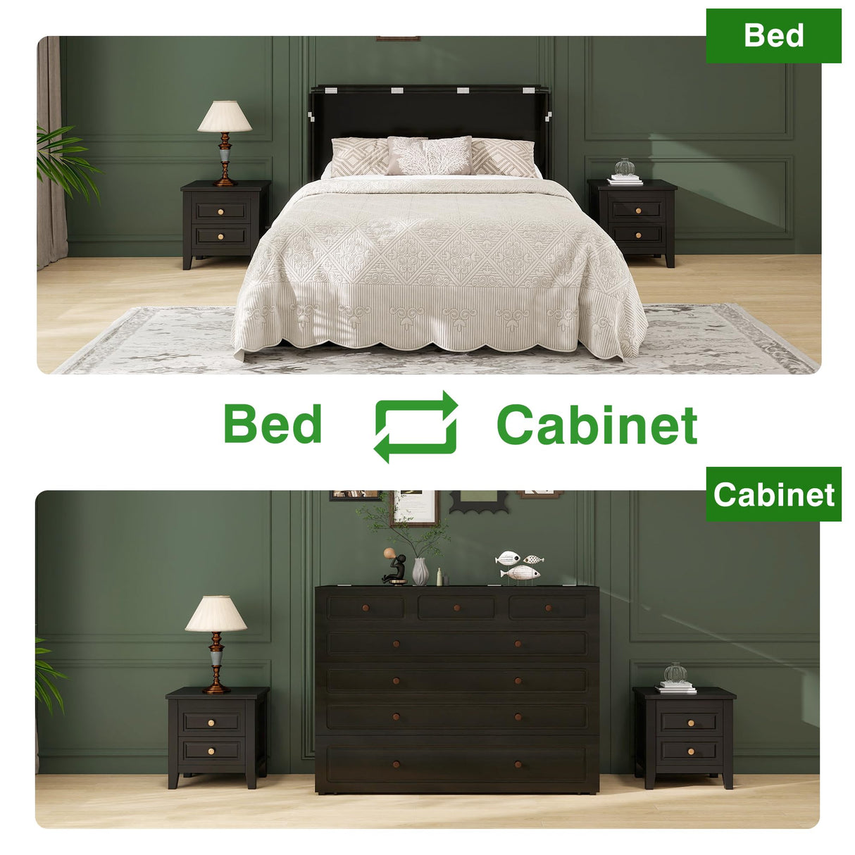 Keloyid Queen Murphy Bed Cabinet: Wood Murphy Cabinet Bed with USB Charging Station and Large Storage Drawer for Home Office or Small Room (Mattress No Included) Black-13 Keloyid