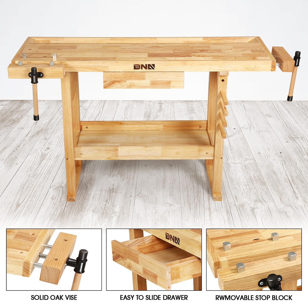 DNA MOTORING Heavy Duty Wood Workbench, Wooden Workbench with Drawer for Workshop, Garage, W/Adjustable Handle, TOOLS-00522 DNA MOTORING