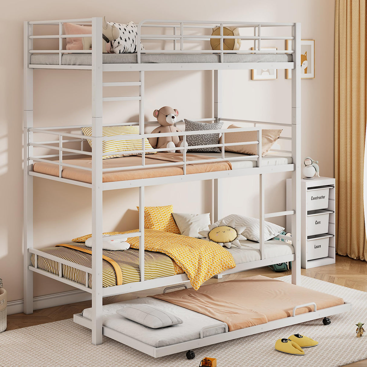 Metal Triple Bunk Bed Twin Over Twin Over Twin, Triple Bunk Bed with Trundle, 3-Tier Bunk Bed with 2 Ladders and Guardrails, Triple Bunk Beds for Kids(White Twin) Bellemave