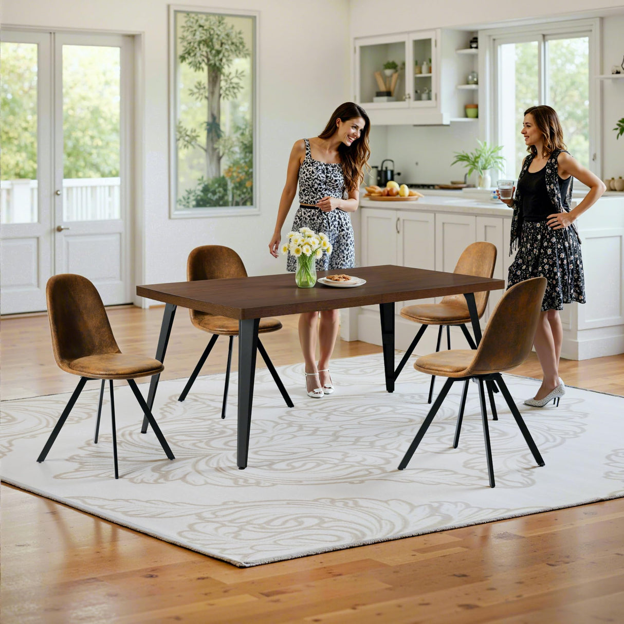 HomyCasa 5-Piece Mid-Century Dining Set, 63" Rectangular Table & 4 Swivel Upholstered Chairs (Fabric/Suede), Sturdy Metal Frame, Perfect for Kitchen, Dining Room, Office, or Restaurant (Brown & Brown) Homy Casa