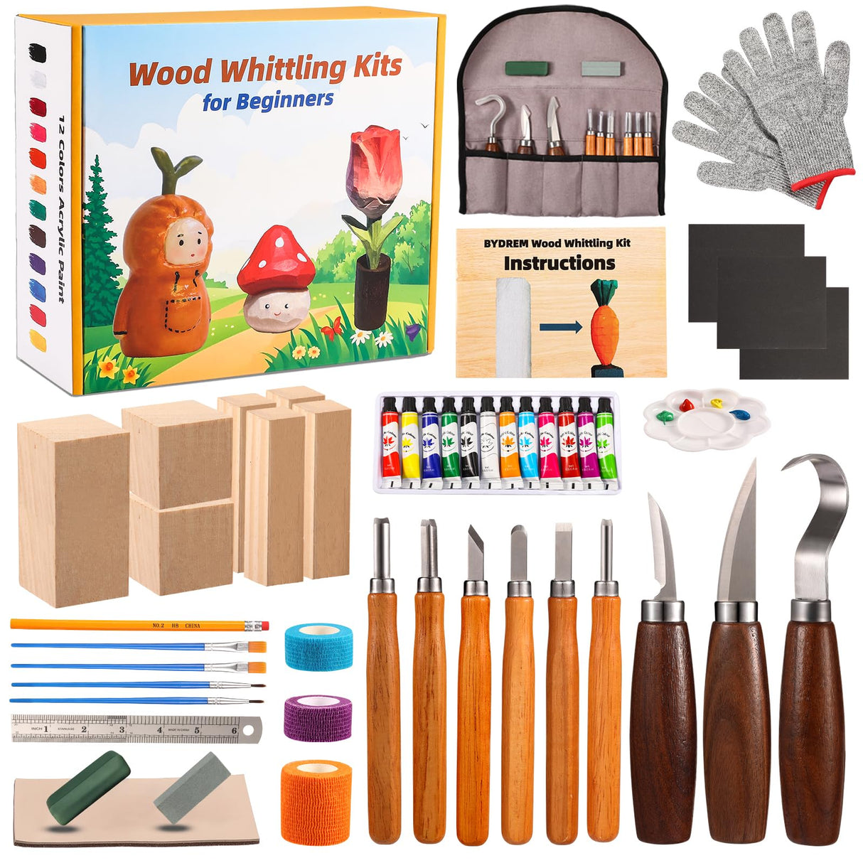 BYDREM Wood Carving Kit, Wood Whittling Kit, Carving Knife Kit, 9 PCS Wood Carving Knifves, 7 PCS Wood Carving Blocks, 12 Colors of Paint, Wood Carving Tools, Complete Wood Whittling Kit for Beginners BYDREM