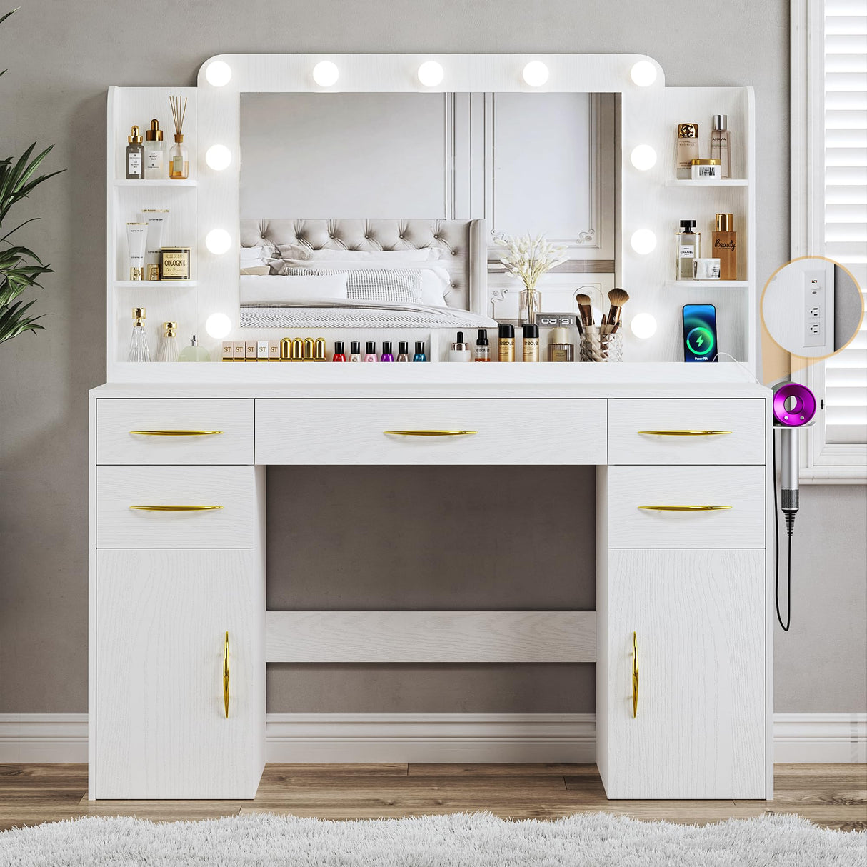 ALEXNUTRE Makeup Vanity Desk with Lights, Large Vanity Desk with Mirror and Lights in 3 Models, Vanity with Power Outlet, Vanity Desk with 5 Drawers, 2 Cabinets, Shelves, White Vanity for Bedroom ALEXNUTRE