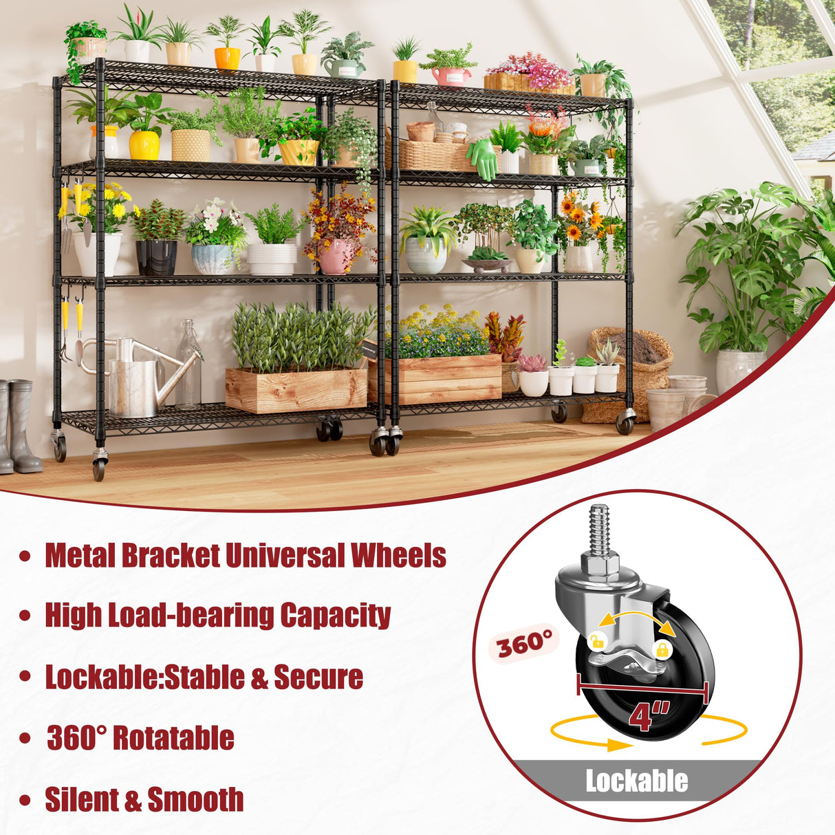 PrimeZone 2 Packs 55.5" W x 24" D x 80" H Heavy Duty Wire Storage Shelves with Wheels, 4 Tier Adjustable NSF Certified Garage Shelving Unit, Rolling Metal Organizer Shelf Rack for Warehouse, Pantry PrimeZone
