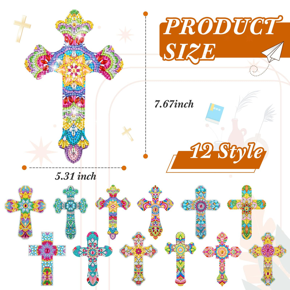Tenceur 12 Pcs Cross Diamond Art Kit for DIY Religious Crystal 5D Diamond Painting Bookmarks Rhinestone Kits for Reading Lover Home Office Project Read DIY Crafts Gifts Tenceur