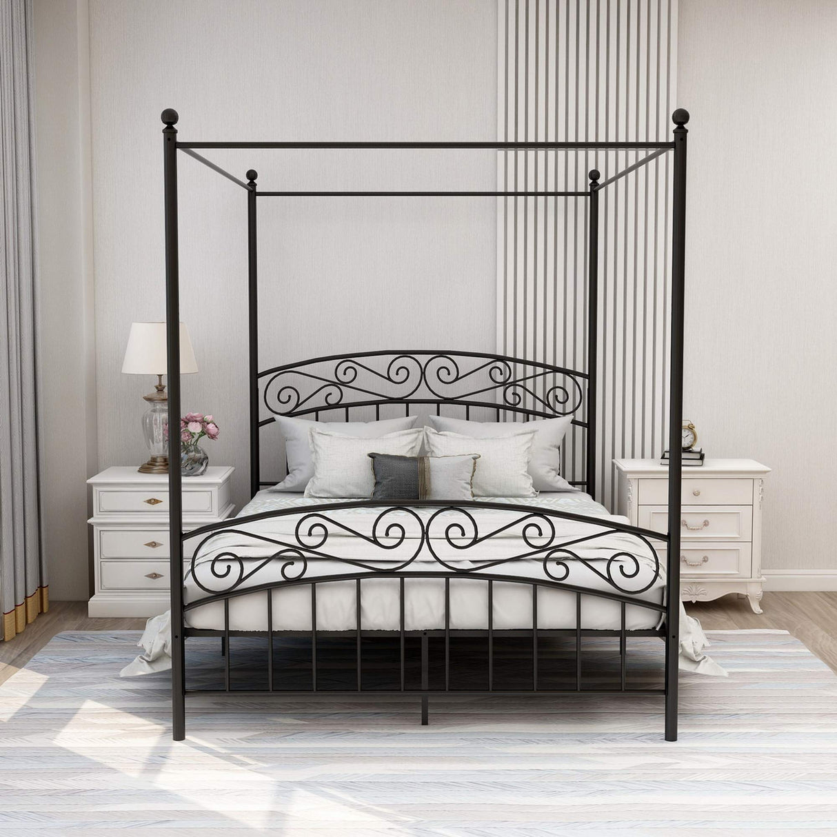 AUFANK Queen Size Canopy Bed Frame Four-Poster Metal Platform Bed with Headboard and Footboard Sturdy Heavy Duty Steel Slat Support No Box Spring Needed Black AUFANK
