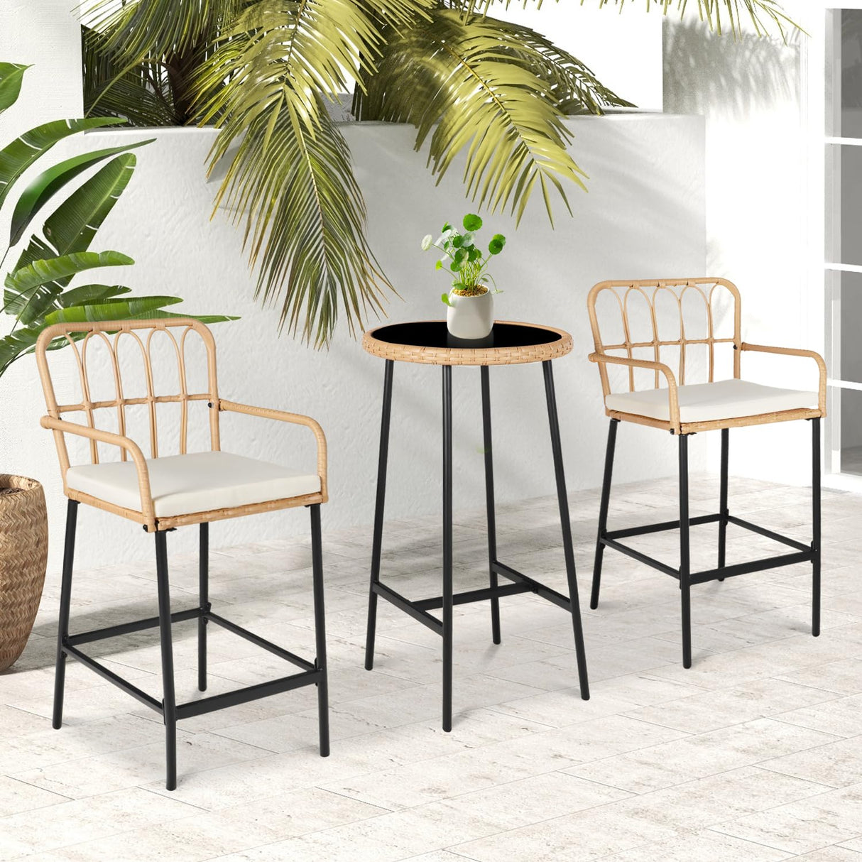 LYNSLIM Outdoor Bar,3 Piece Height Table Patio Rattan Wicker Furniture Chairs Set,22" Patio Bar Table and Outdoor Bar Stool Set of 2,with Removable Cushions for Backyards, Porches (Set for 3) LYNSLIM