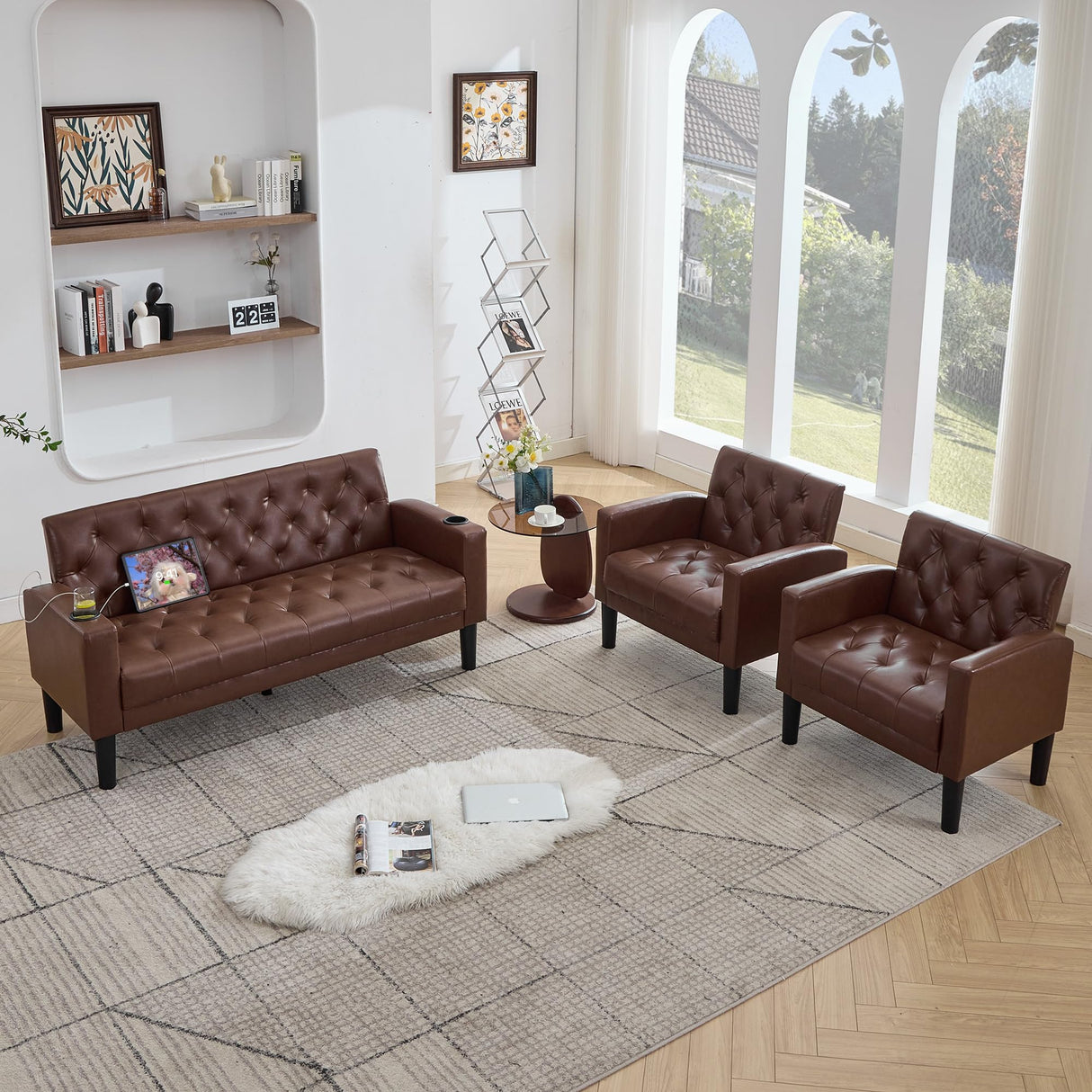 TYBOATLE 62" W Leather Loveseat w/Chairs, 3 Piece Sofa Sets for Living Room w/ 2 USB Charger Ports and 2 Cupholders, Living Room Furniture Sets of 3 (3, Brown) TYBOATLE