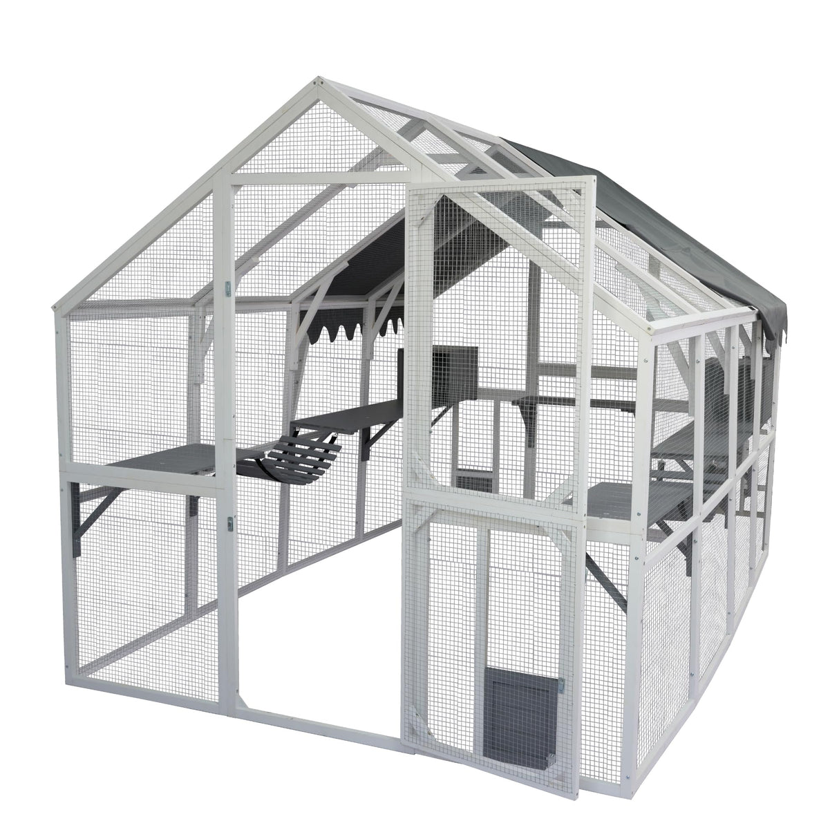 Large Catio Outdoor Cat Enclosure Walk in Cat Cage Cat Playpen Patio with Weatherproof Roof Cover, Multiple Platforms, 2 Bouncy Bridges and 2 Resting Houses White CuisinSmart