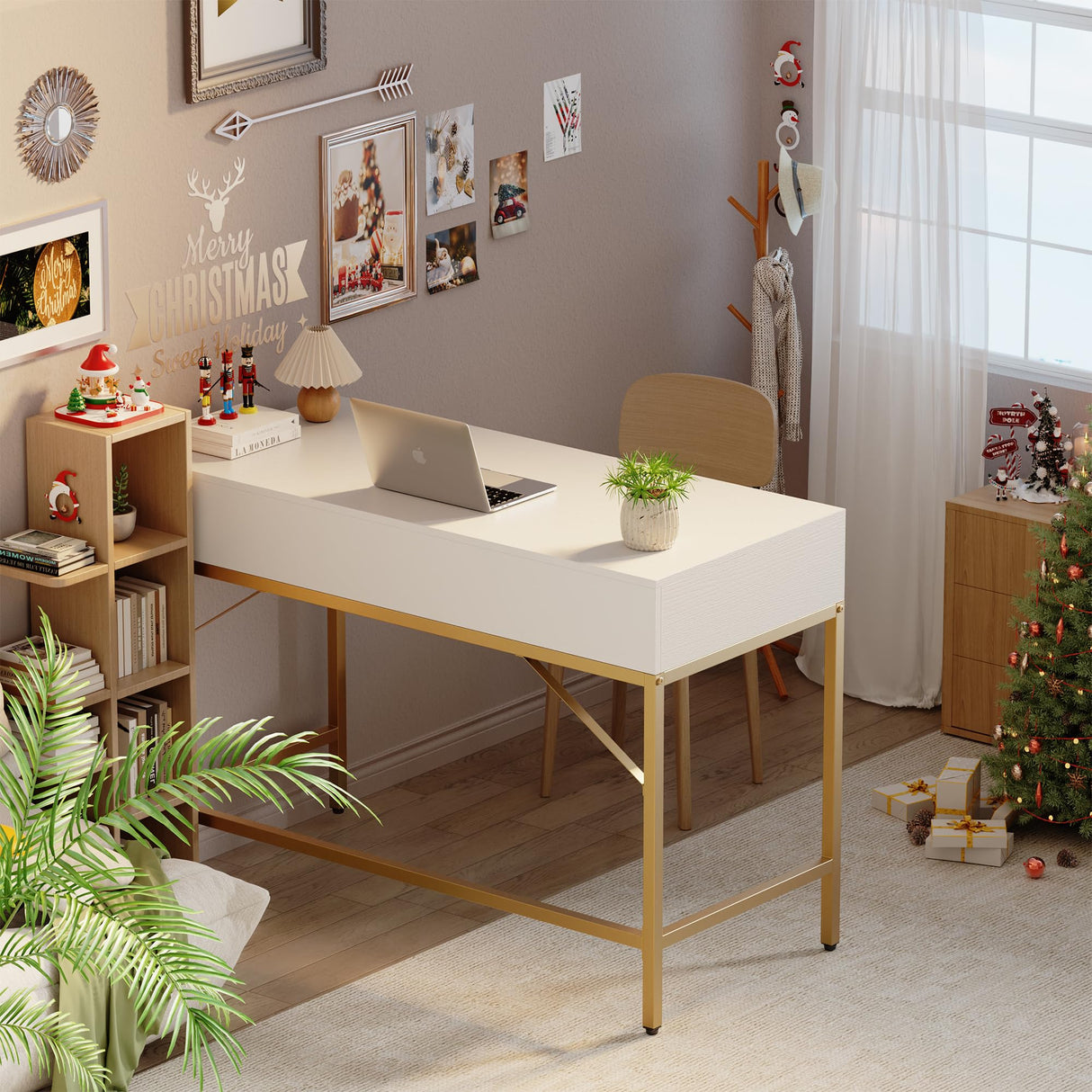 SUPERJARE Vanity Desk with Drawers, 47 inch Computer Desk, Modern Simple Home Office Desks, Makeup Dressing Table for Bedroom - White and Gold SUPERJARE