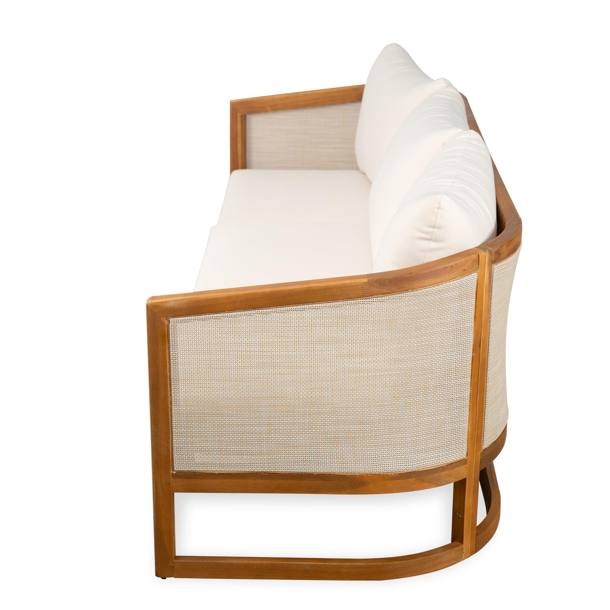 Christopher Knight Home Catania Acacia Wood Outdoor 3 Seater Sofa with Cushions, Wooden Patio Sofa Couch with Cushion, Comfy Garden Cloud Sofa Couch with Textilene Armrest, Teak+ Beige Christopher Knight Home