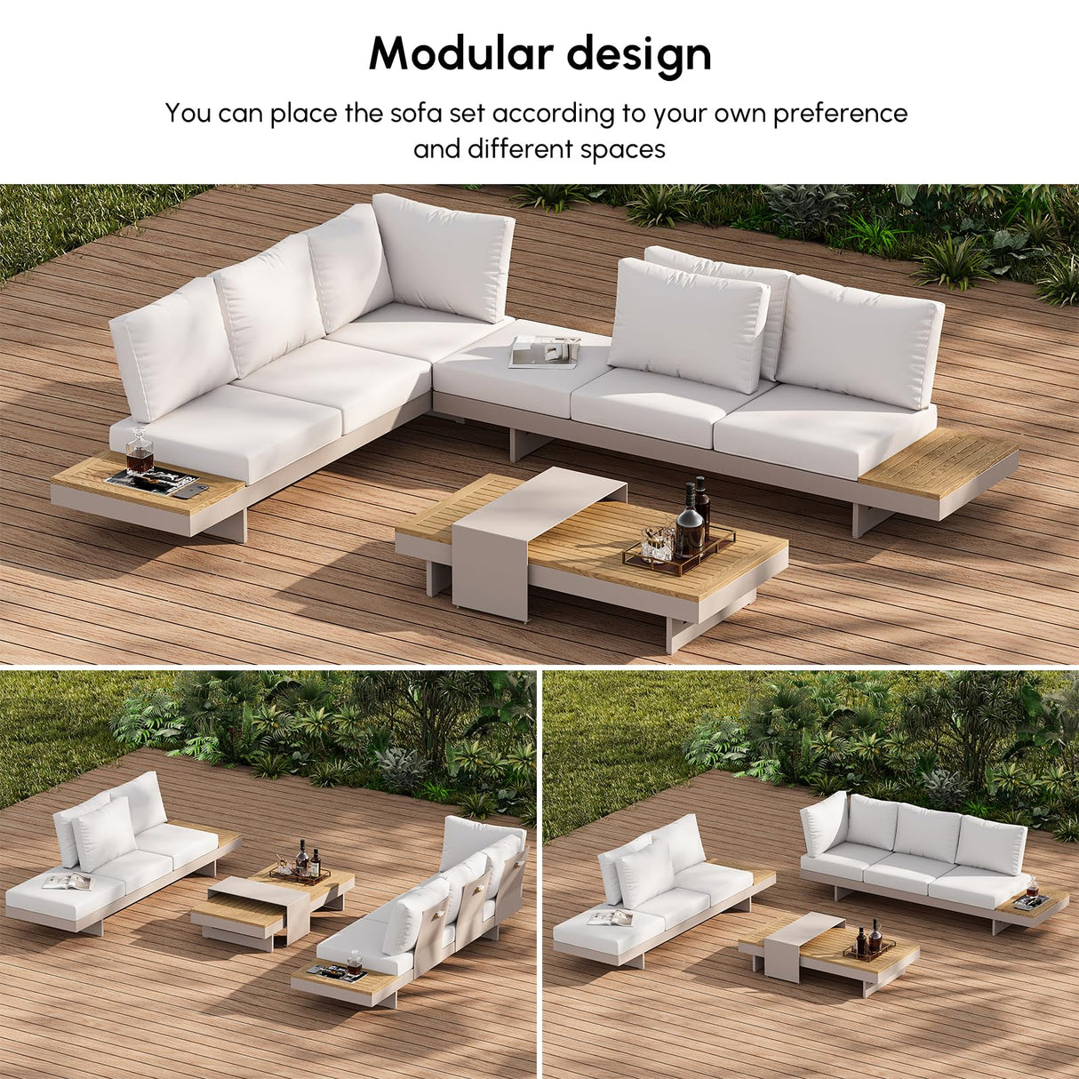 homary 6 Piece Aluminum & Teak Outdoor Sofa Set, Patio Conversation Sets Modular Outdoor Sofa with Fire Pit, Glass Wind Guard Ideal for Patios & Balconies, Light Gray homary