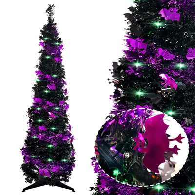 Pop up Christmas Tree for Indoor Decoration,5FT Pre-lit Mini Halloween Tree with 60 Lights,Black Artificial Pencil Tree Collapsible Tinsel Lighted up Christmas Tree