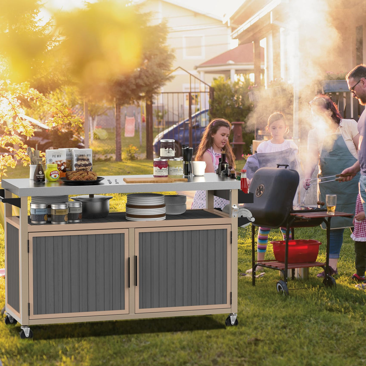 Skyflame Outdoor BBQ Storage Cabinet with Wheels, XL Stainless Steel Tabletop Grill Cart for Food Prep, Portable Kitchen Island Grilling Accessory for Patio, Backyard, Home Party, Bar Skyflame