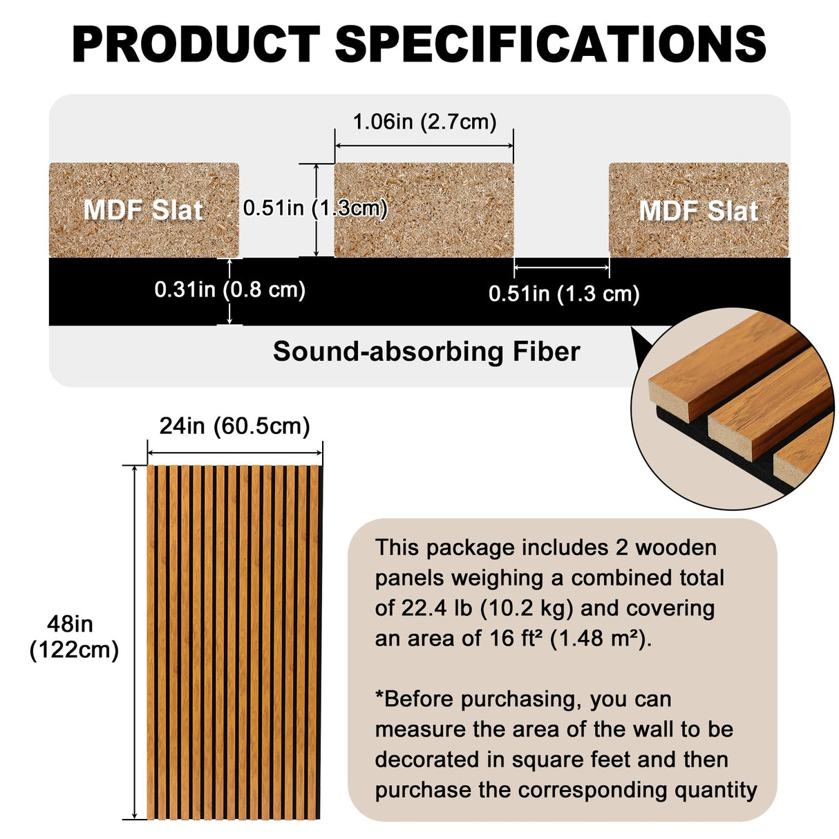 Gaahing 2 Pack Wood Finish Accent Wall Panels, 3D Slat Acoustic Paneling for Recording Studio, Office, Living Room Interior Decoration (Natural Walnut, 48"L x 24"W) Gaahing