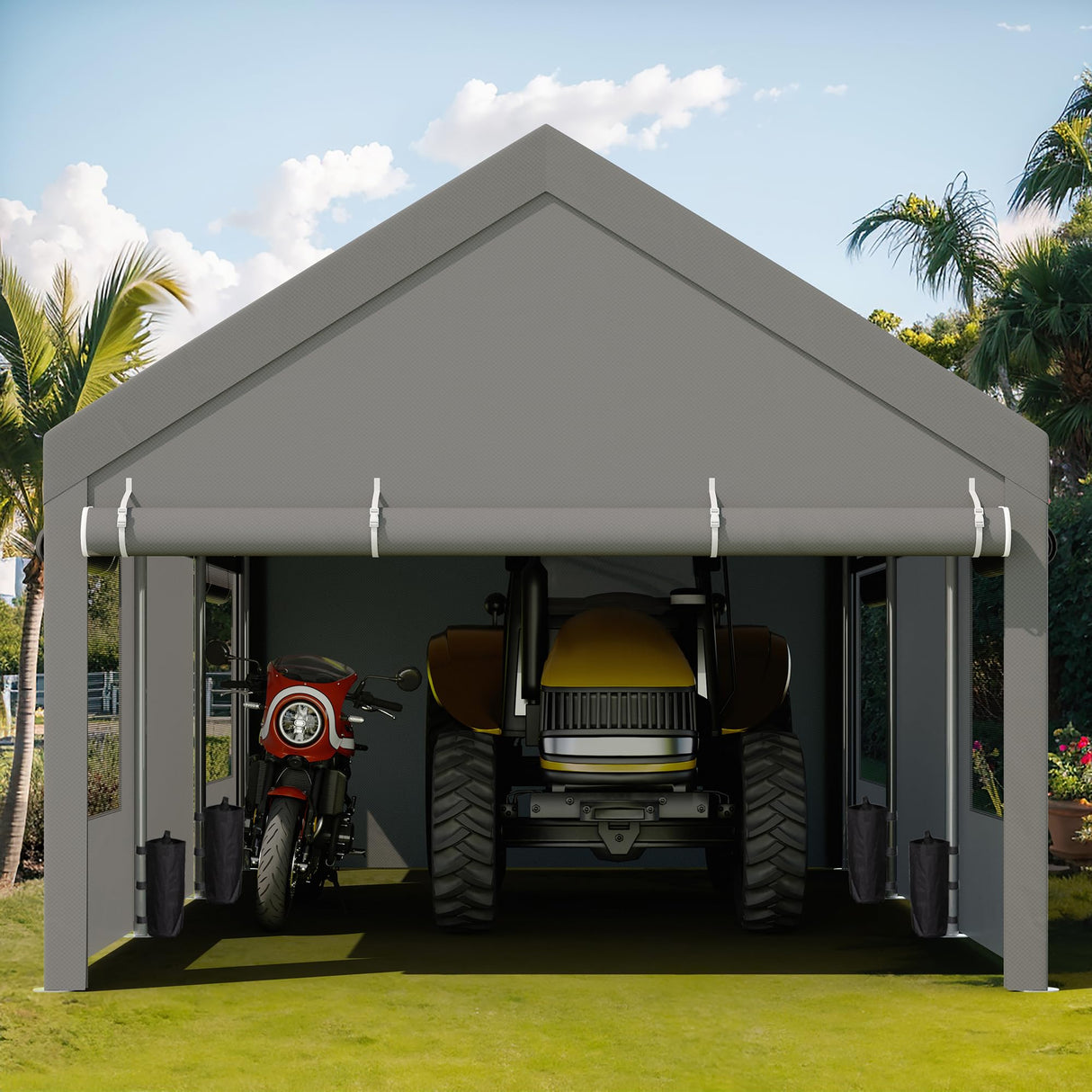 JY QAQA Carport, 12x20 FT Heavy Duty Carport with Removable Side Walls and Doors, Portable Garage with Roll-Up Window and Sandbags, Car Canopy with All-Season Tarp for Cars, Trucks, Boats, Grey JY QAQA PET