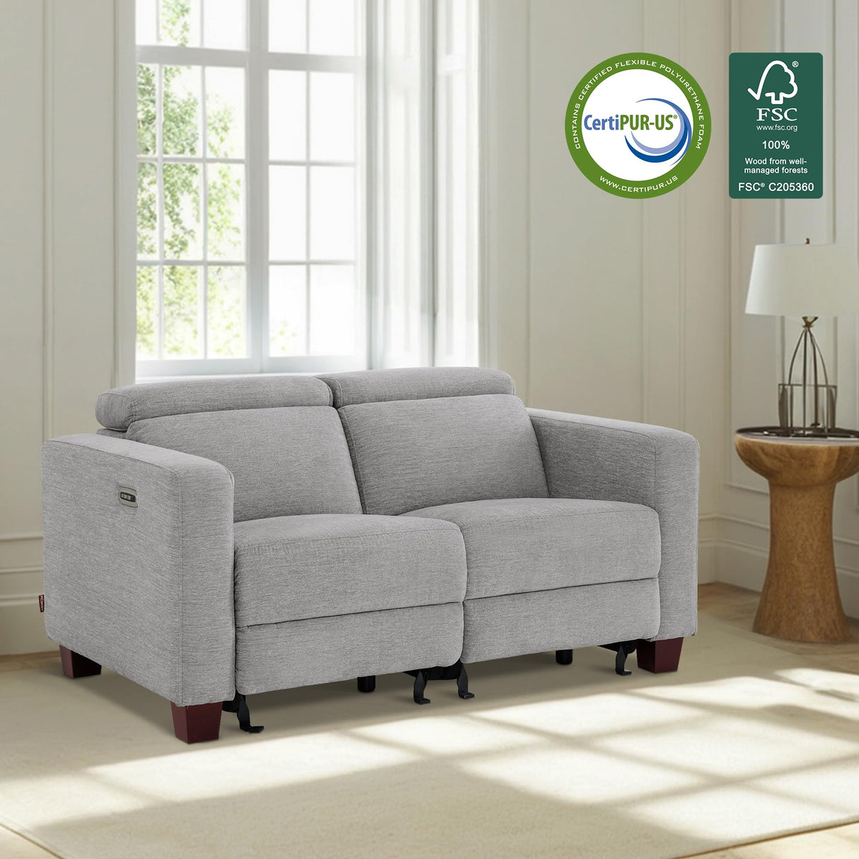 MCombo 62.2'' Wall Hugger Power Loveseat Recliner Sofa with Adjustable Headrest and USB & Type C Dual Charge Ports for Living Room, Office (Fabric, HL198M1) (Grey) MCombo