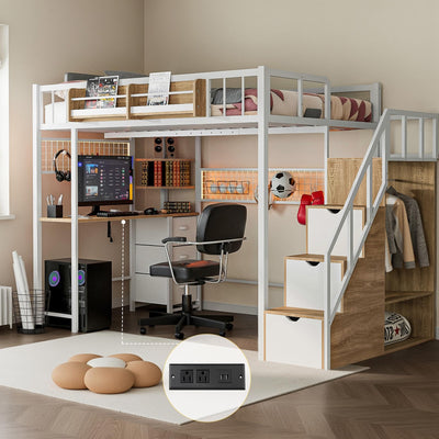 Kikihouse Twin Loft Bed with Desk, Storage Stairs & Wardrobe, Metal Loft Bed Frame w/Headboard, Bedside Shelf, Charging Station & 6 Drawers, LED Gaming Bed for Adult Space-Saving