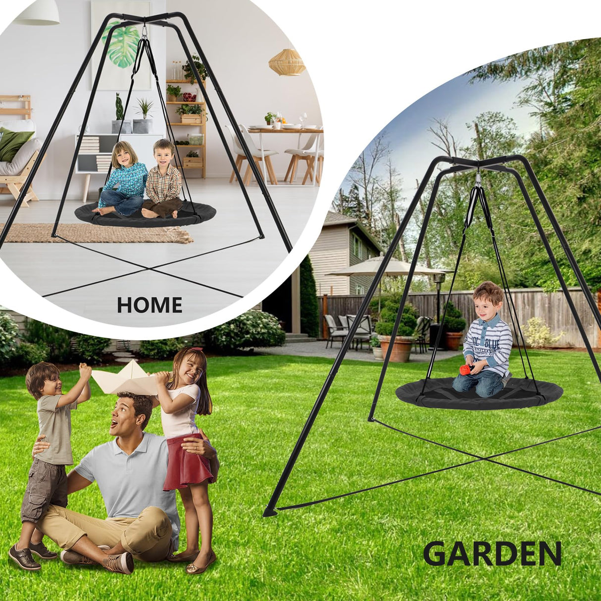HOTJUMP Swing Stand for Kids, 330LBS Heavy Duty Metal Swing Frame for Backyard Indoor, Anti-Rust and All Weather Resistance, Saucer Swing NOT Included (BLACK) Hotjump