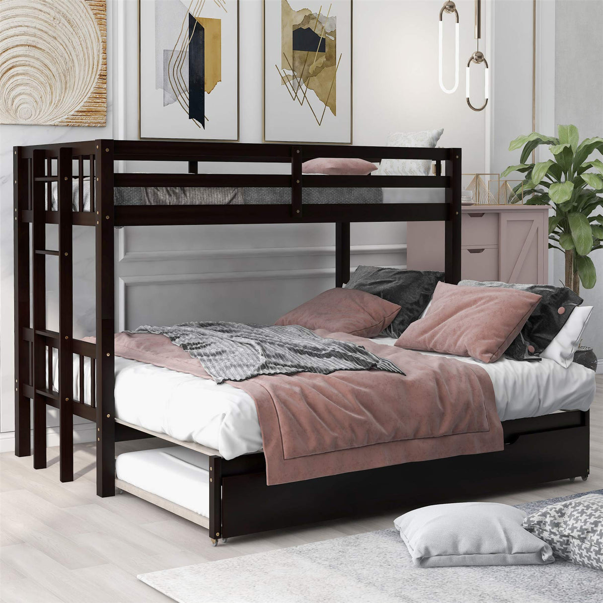 Twin Over Twin Bunk Bed with Trundle, Expandable Bunk Bed Frame, Convertible Bottom Bed, Pull-Out Bunk Bed Twin Over Twin/Double Twin, Wood Kids Bunk Bed with Ladder and Safety Rail, Espresso Harper & Bright Designs