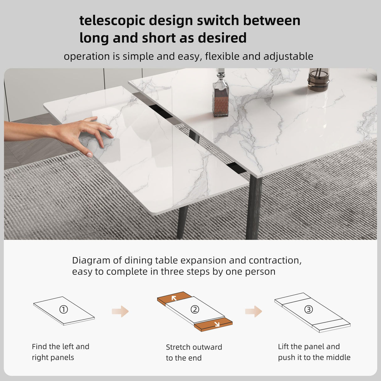 Extendable Dining Table (62.9" to 94.4") for 6 to 10 - Modern Rectangular Sintered Stone Table with High Hardness and Easy Maintenance - Stylish White NessCarsti