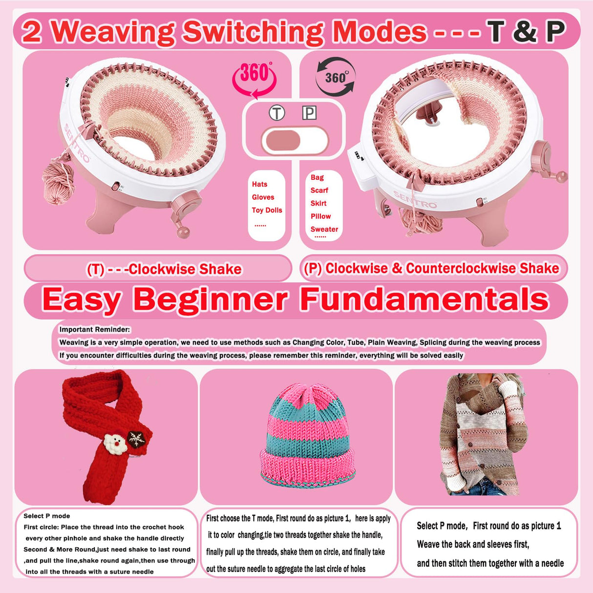 PKHOUHYI Sentro Knitting Machine,48 Needles Knitting Machine with Row Counter Automatic Circular Weaving Spinning Knitting Loom Machine Kit for Adults & Beginners for Scarves,Sweater,Hat PKHOUHYI