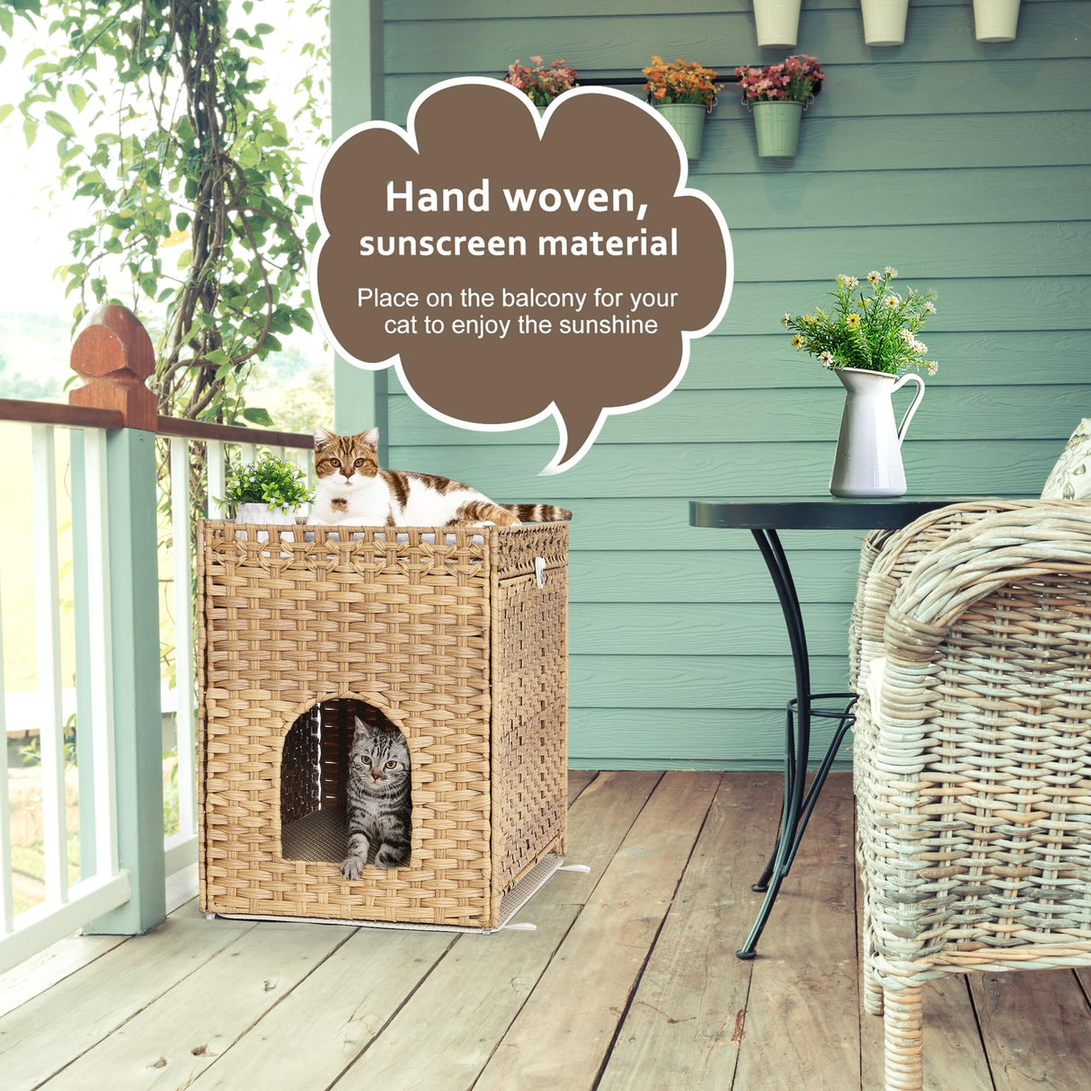 Cat Litter Box Enclosure with Soft Litter Mat; Hidden Cat Washroom Furniture with Door; Handwoven Rattan Cat House with Large Space; Pet Crate for Living Room, Bedroom, Balcony (Natural) Honiakaka