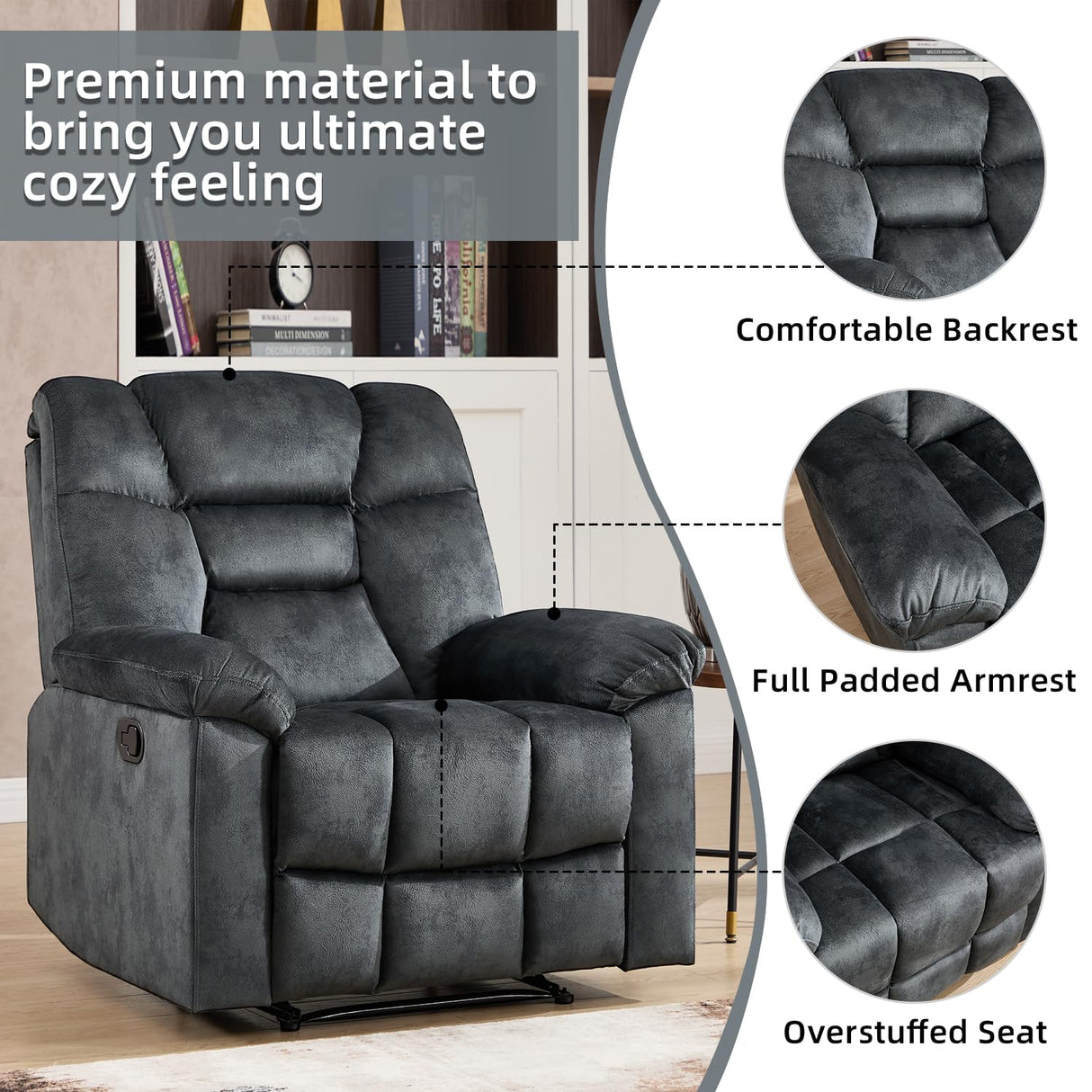 CANMOV Manual Recliner Single Sofa, Wall-Hugger Reclining Couch, Upholstered Sofa Chair with Armrests, Fabric Reclining Couch with Soft Cushion for Living Room, Grey CANMOV