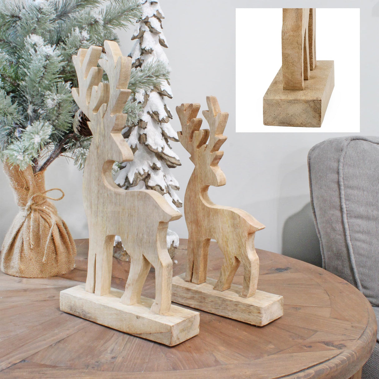 AuldHome Wooden Reindeer Christmas Statues (Set of 2); Primitive Style Mango Wood Holiday Figurines AuldHome Design
